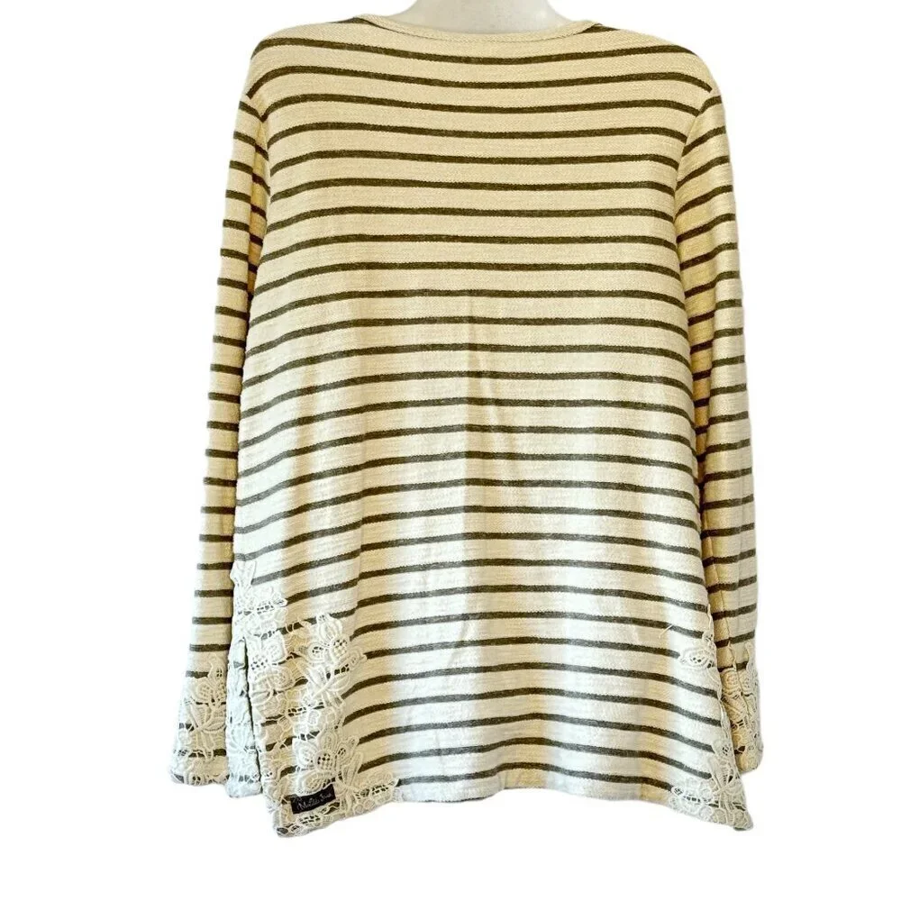 Matilda Jane Classic with a Twist Top Grey and Cream Stripe Lace Trim Drop Cut M